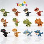 A variety pack of 12 different Toylvia mini dinosaur figures including aquatic and land species in vibrant colors.