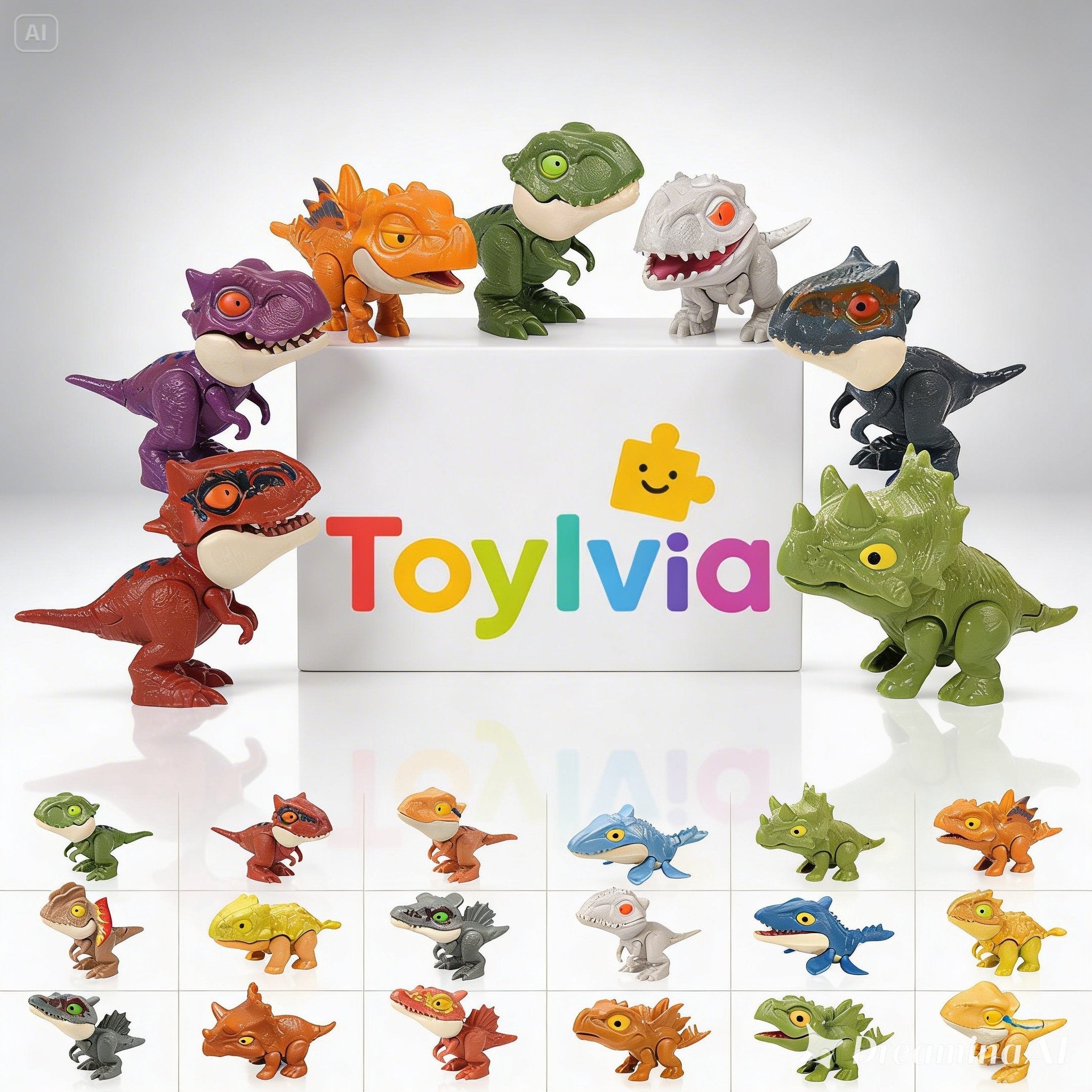 A collection of Toylvia mini finger dinosaur toys in various colors including T-Rex and Triceratops, featuring bite-action joints and a cute cartoon design on a white background. Main image