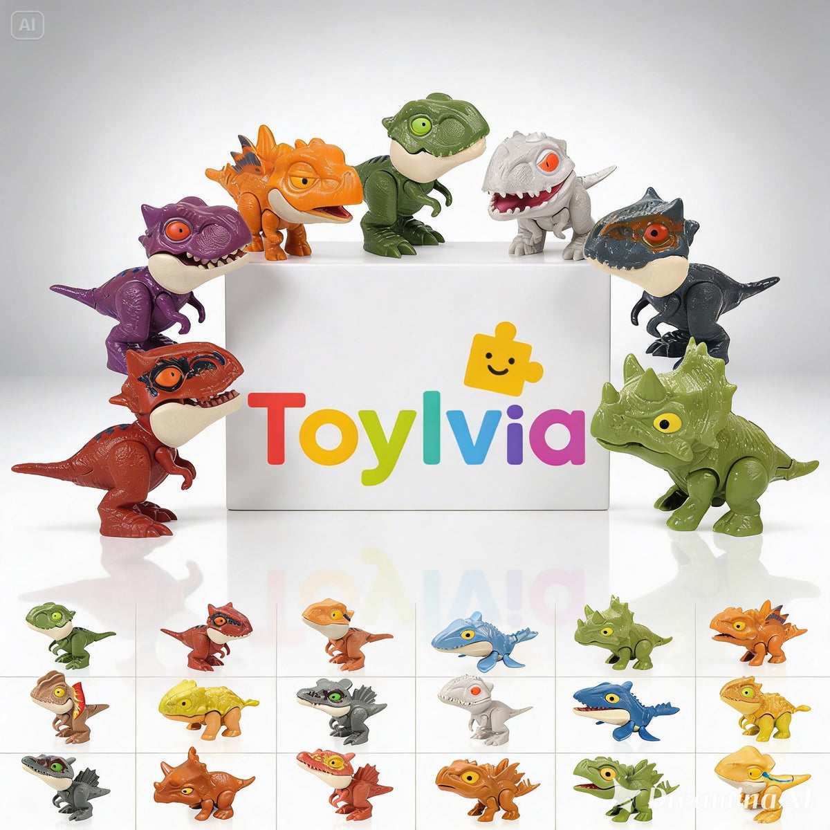 A collection of Toylvia mini finger dinosaur toys in various colors including T-Rex and Triceratops, featuring bite-action joints and a cute cartoon design on a white background.