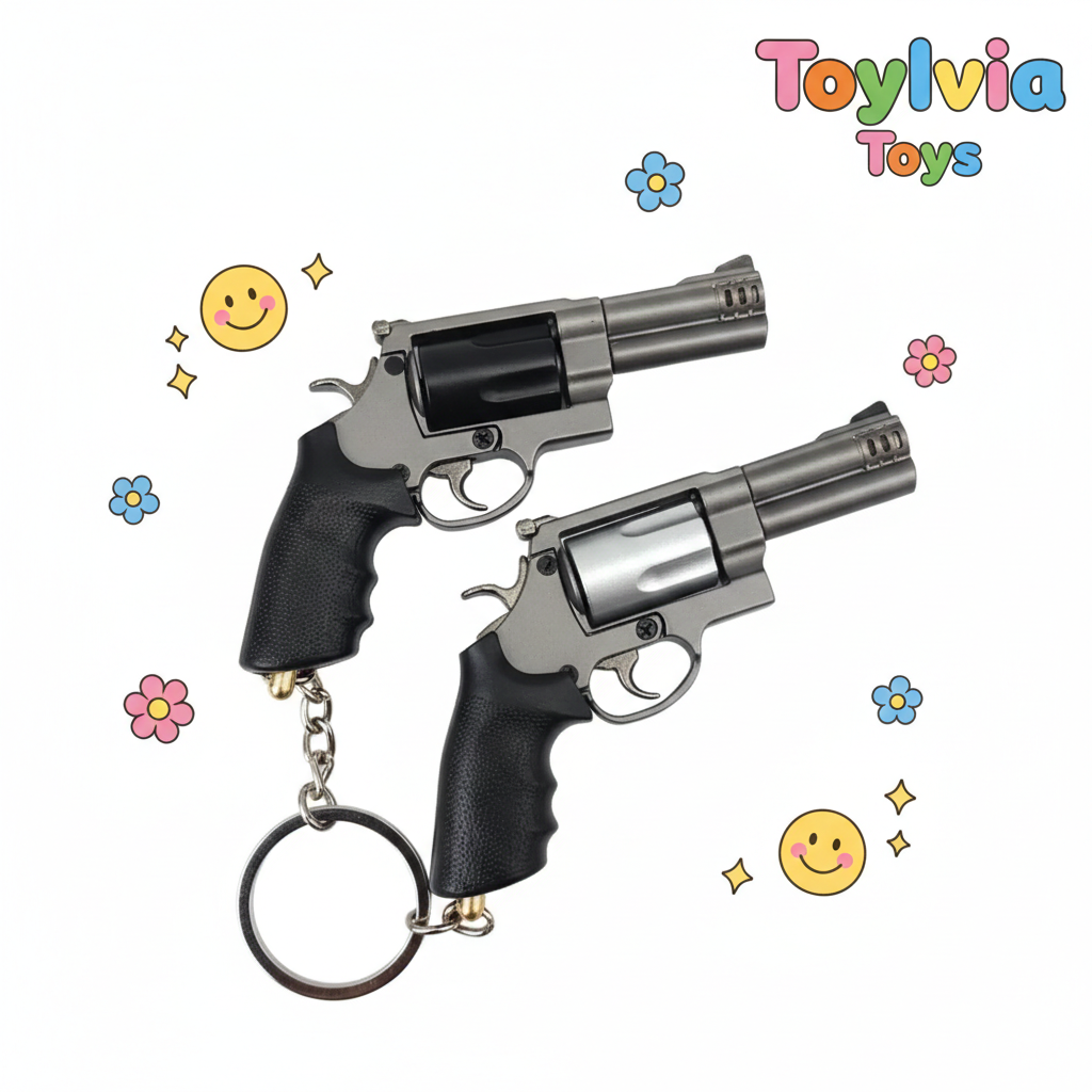 Toy revolvers with keychain on a white background with decorative elements and 'Toyliava Toys' branding. Main image