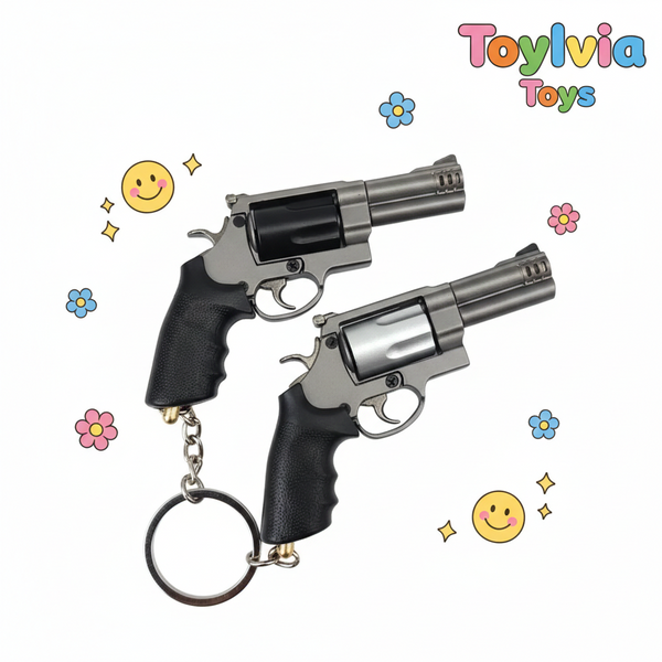 Toy revolvers with keychain on a white background with decorative elements and 'Toyliava Toys' branding.