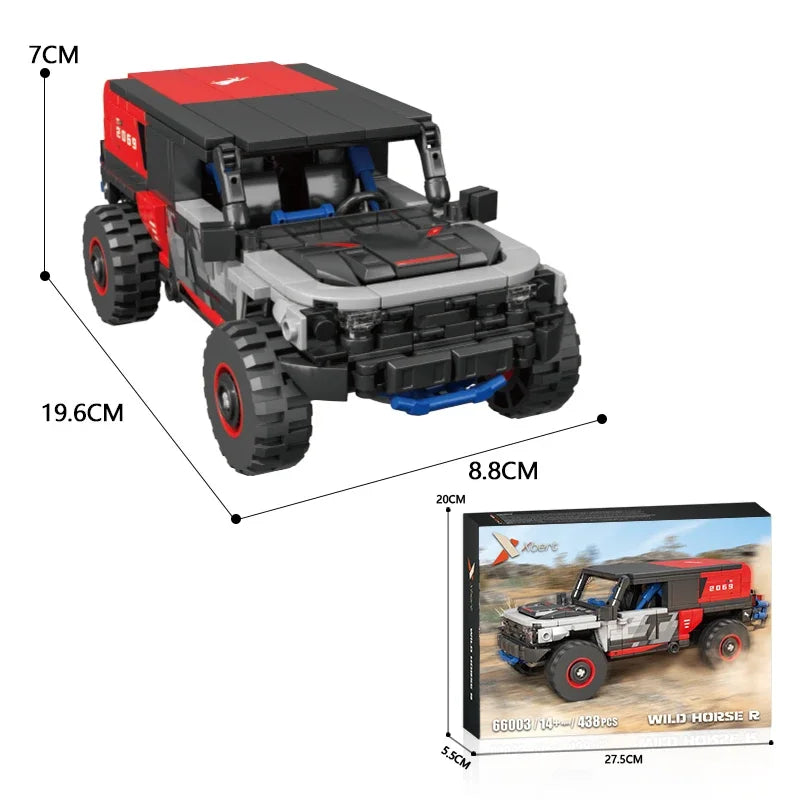 Off-road rally SUV building block model with size measurements and packaging