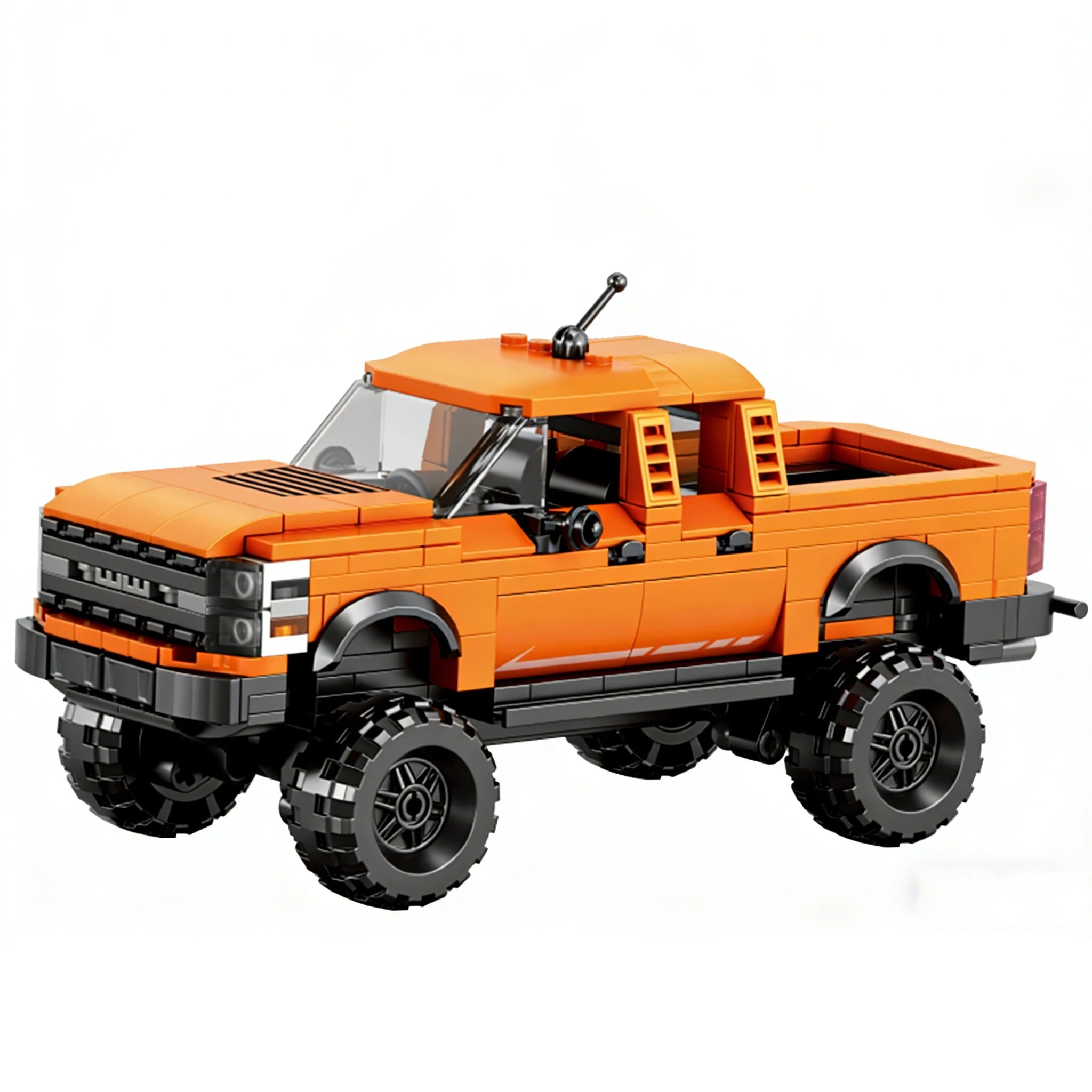 Orange pickup truck building block model made from interlocking bricks