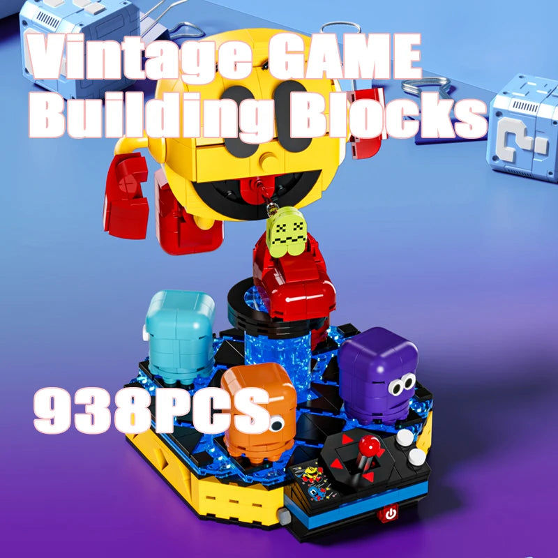 Promotional image of Pac-Man vintage game building block set with 938 pieces, showing Pac-Man figure and rotating ghost base – Toylvia