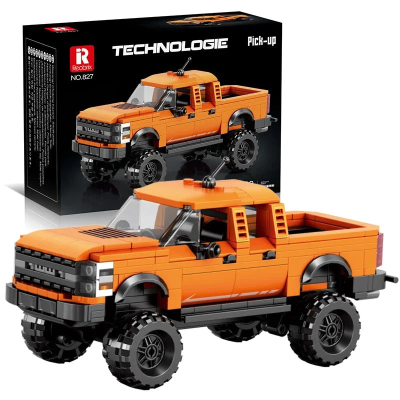 423PCS pickup truck building block model displayed with original packaging