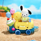 Pochacco float parade building block vehicle displayed on a sandy beach scene