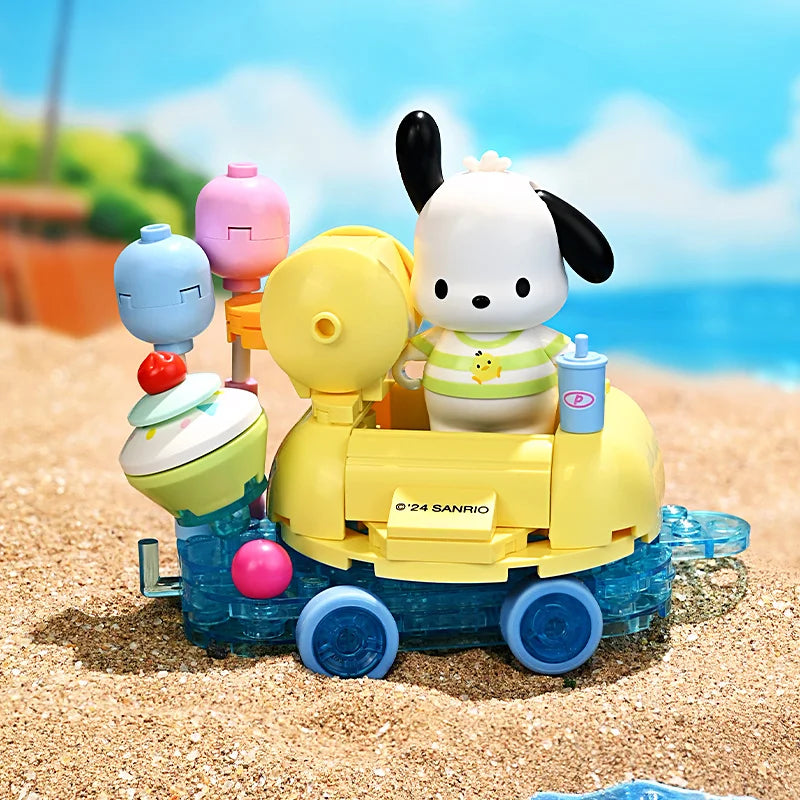 Pochacco float parade building block vehicle displayed on a sandy beach scene