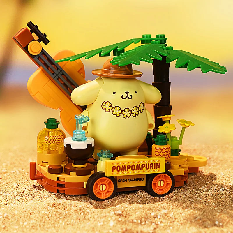 Pompompurin float parade building block set with palm tree and tropical beach theme