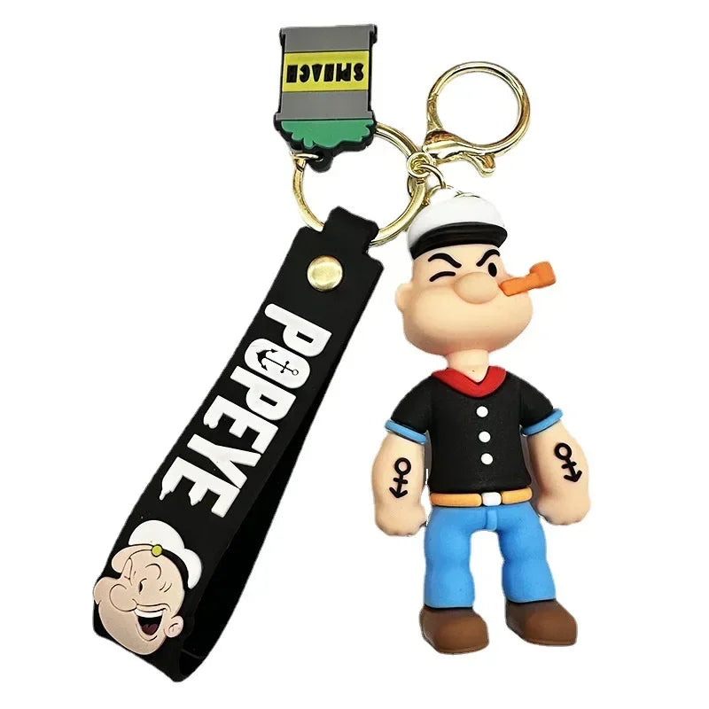 Toylvia Popeye Kawaii Keychain with PVC cartoon figure and POPEYE strap on white background. Main image