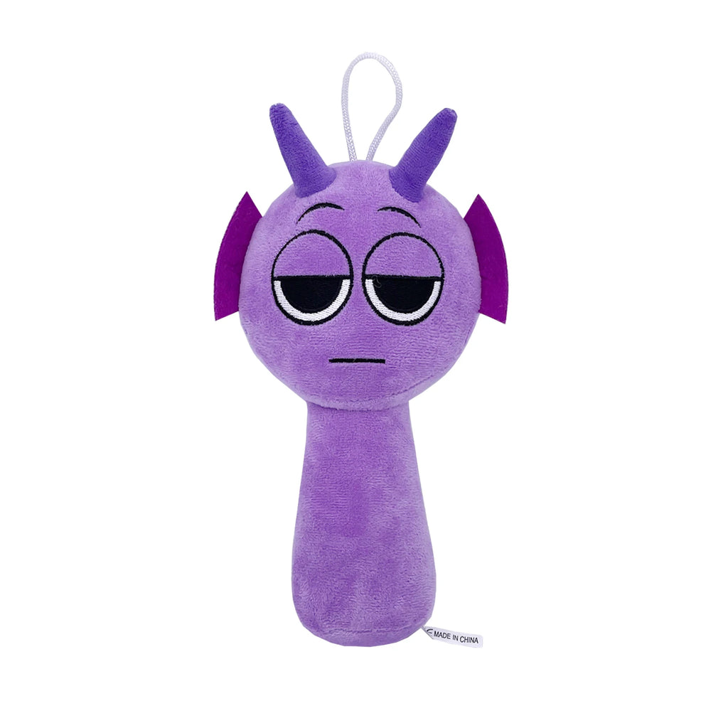 Purple cartoon character plush toy with sleepy expression and small horns on a white background by Toylvia