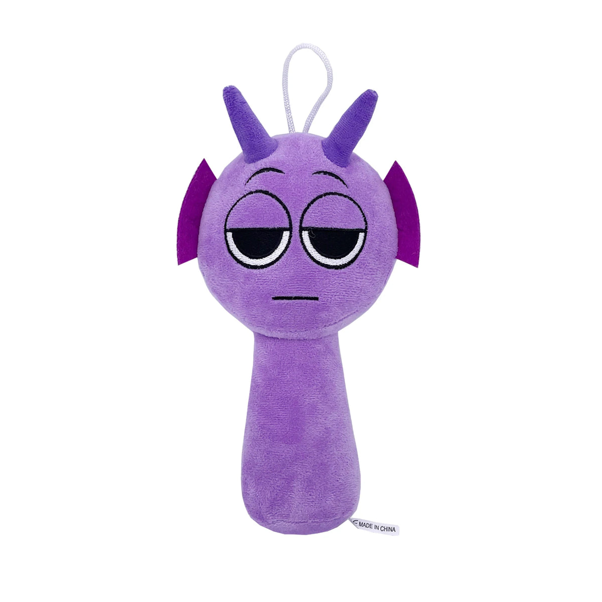 Purple cartoon character plush toy with sleepy expression and small horns on a white background by Toylvia