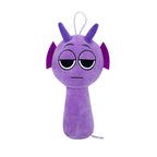 Purple cartoon character plush toy with sleepy expression and small horns on a white background by Toylvia