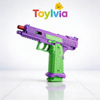 A vibrant purple and neon green tactical toy gun with a textured grip and red barrel tip, centered on a white background below the Toylvia logo