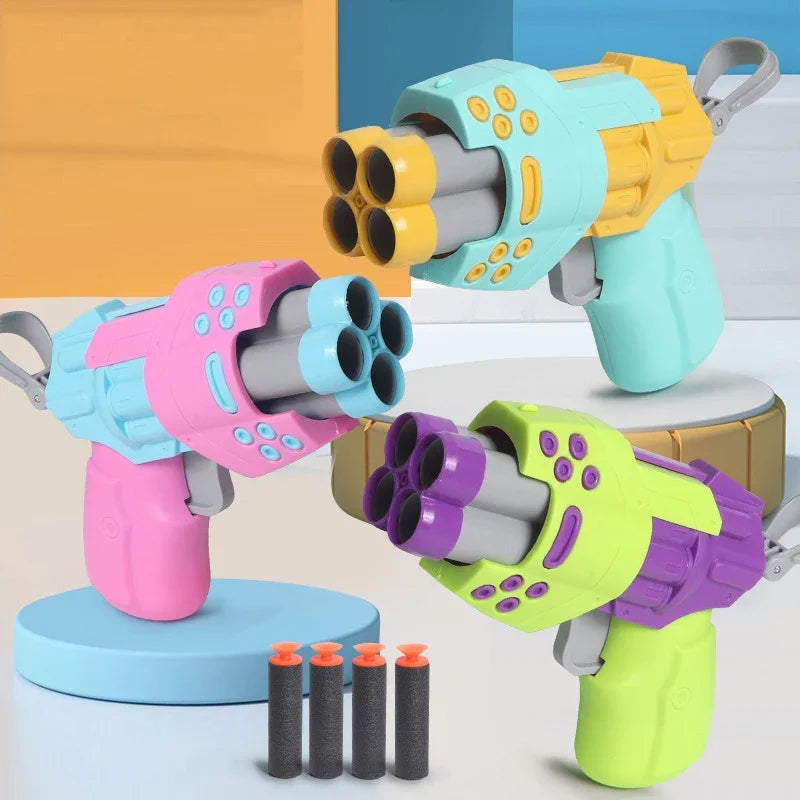 Toylvia multicolor radish-style soft bullet toy guns with foam darts displayed on colorful stands