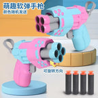 Toylvia pink and blue radish-style soft bullet toy guns with rotating barrel feature and foam darts on colorful display