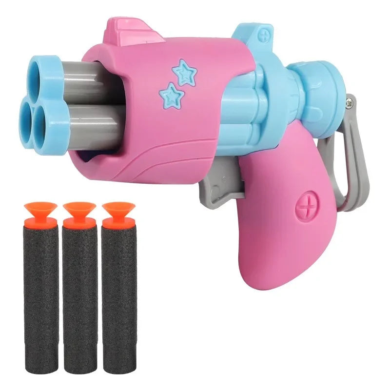 Toylvia pink and blue radish-style soft bullet toy gun with three foam darts on white background