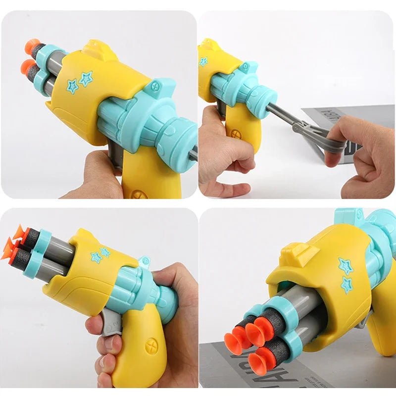 Toylvia yellow and blue radish-style soft bullet toy gun shown in hand with foam darts and pull-handle action