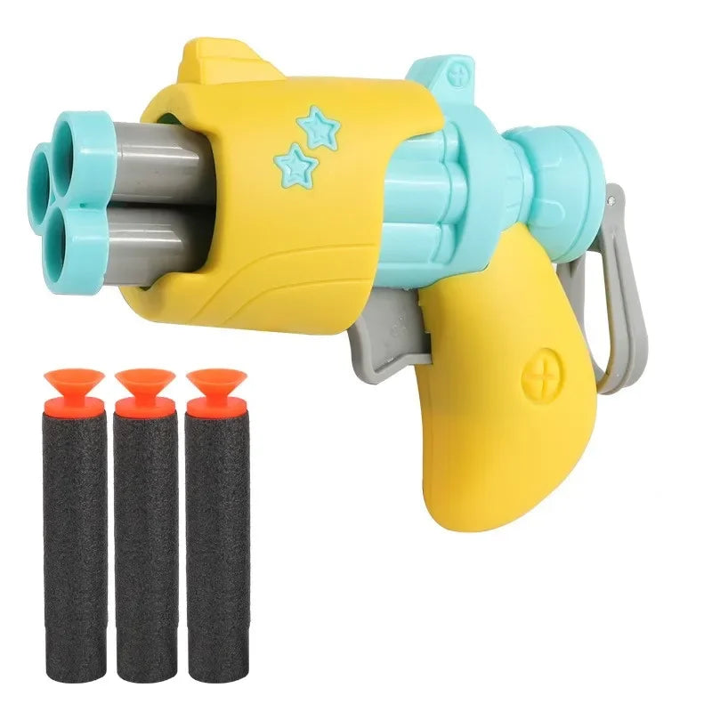 Toylvia yellow and blue radish-style soft bullet toy gun with three foam darts on white background Main image