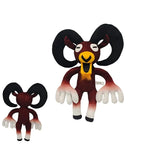 Toylvia Ram Demon Plush – front and back view of brown plush creature with large black curled horns, yellow face, and white gradient hands and feet on white background