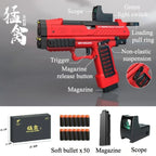 Toylvia Raptor red soft bullet toy gun with labeled features, accessories, magazine, scope, and 50 foam bullets