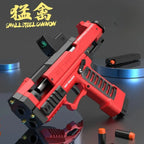 Toylvia Raptor red soft bullet toy gun with shell-ejecting design displayed with foam bullets on table