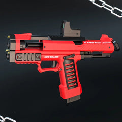 Toylvia Raptor red soft bullet toy gun shown from angled side view with shell-ejecting barrel design