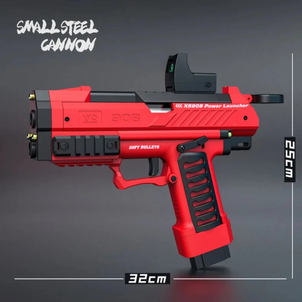 Toylvia Raptor red soft bullet toy gun side view showing 32cm length and 25cm height measurements