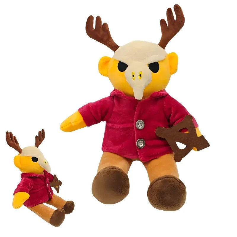 Toylvia Red Coat Deer Plush – front and side view soft stuffed animal with antlers and red jacket on white background