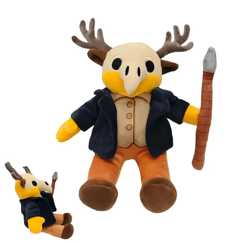 Toylvia Reindeer Chief Plush – front and side view of stuffed deer character wearing navy coat and holding staff, on white background