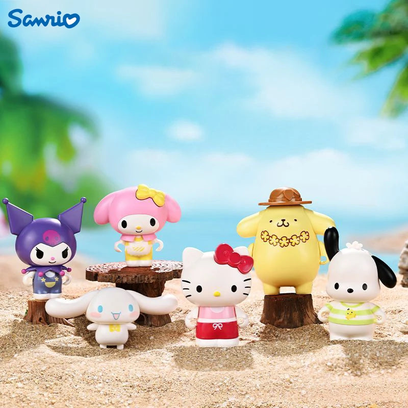 Sanrio character building block figures displayed together on a beach background
