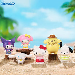 Sanrio character building block figures displayed together on a beach background