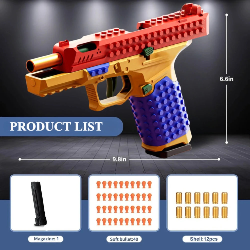 Toylvia SIG17 building block toy gun with size chart, magazine, 40 soft bullets and 12 shells in medium set