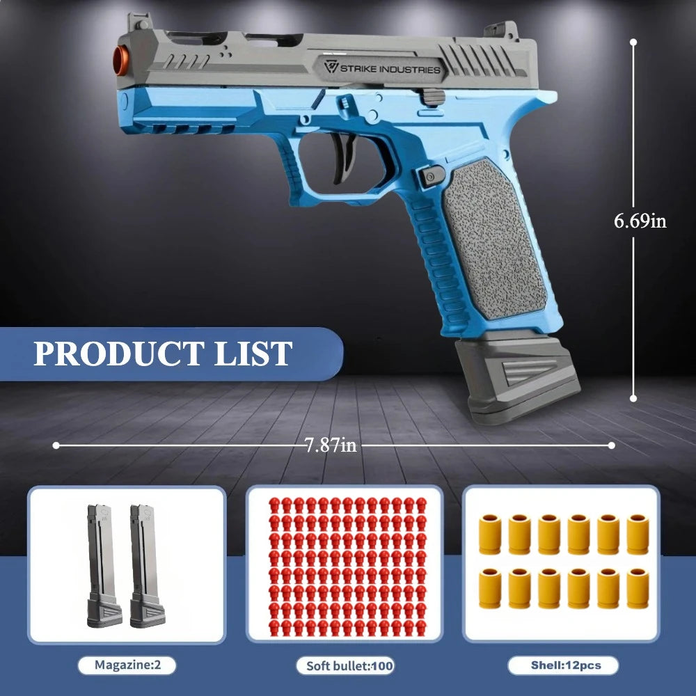 Toylvia SIG17 soft bullet blaster with dimensions and large accessory set including two magazines, 100 bullets, and 12 shells.