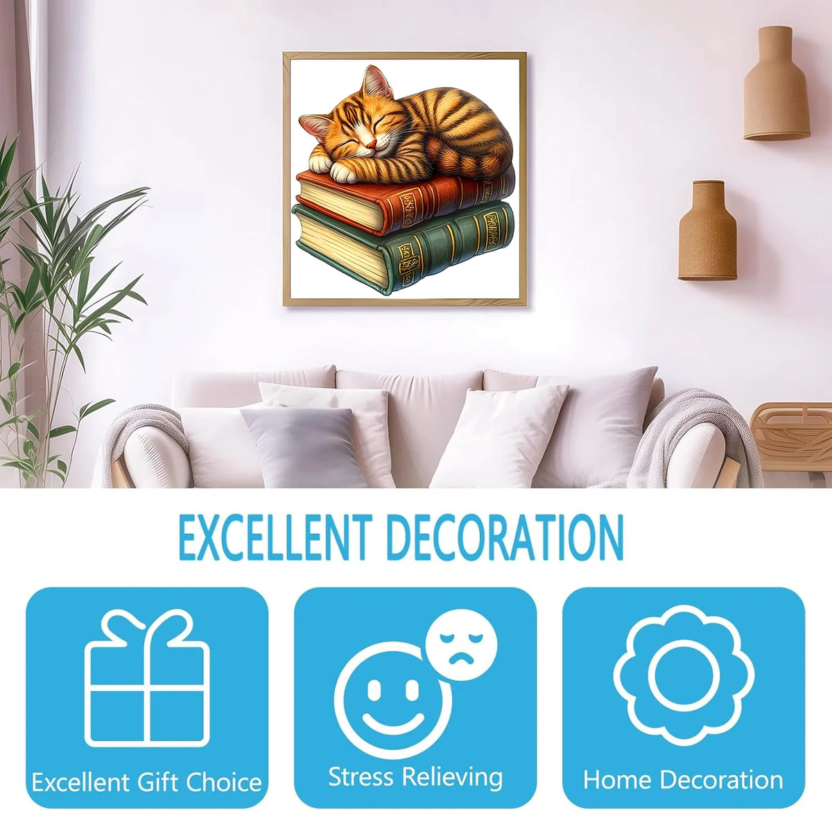 Finished sleeping cat on books wooden jigsaw puzzle displayed as wall art home decoration