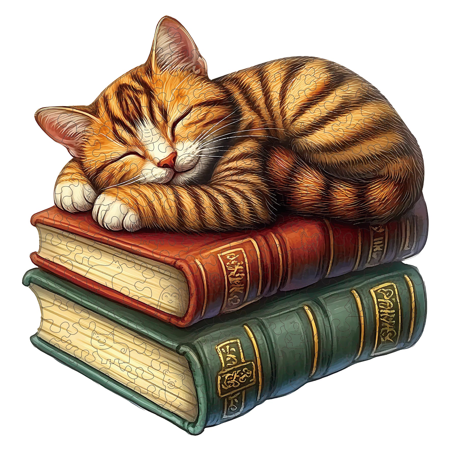 Sleeping cat on books wooden jigsaw puzzle for adults with irregular animal shape by Toylvia Main image