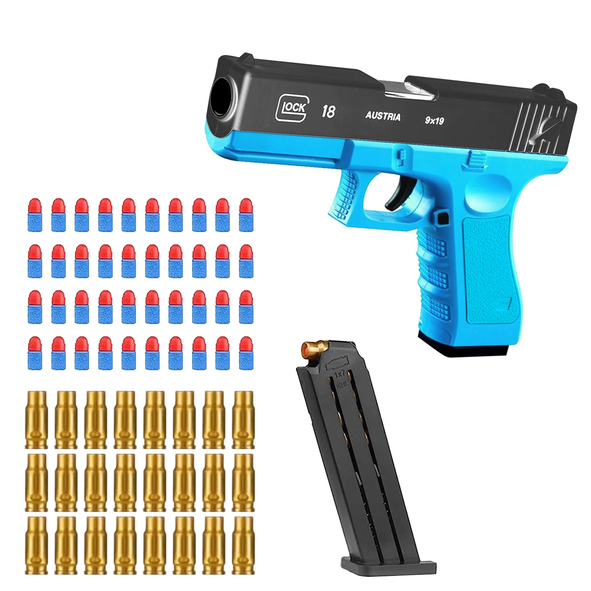 Blue soft bullet toy gun with shell ejection, foam darts and removable magazine, kids safe toy pistol age 6+