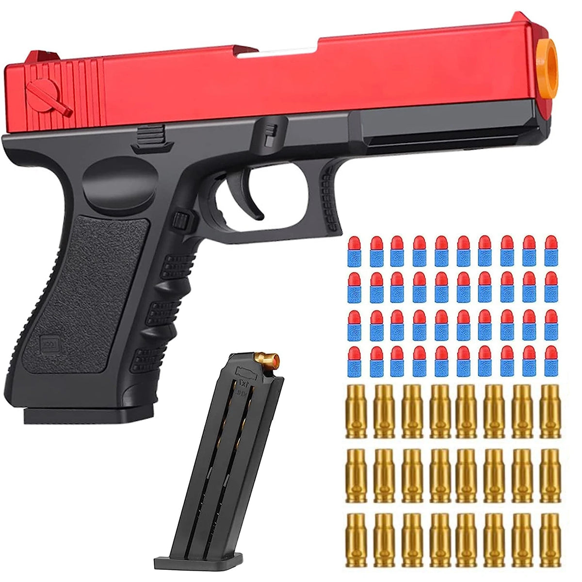 Red soft bullet toy gun with shell ejection, foam darts, magazine and shells included, safe toy pistol for kids age 6+
