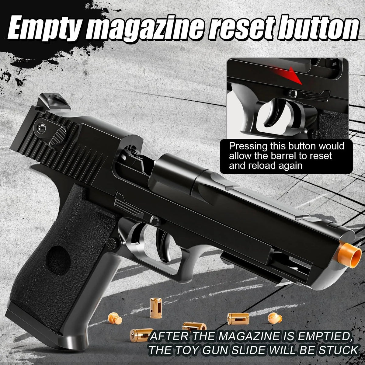 Soft bullet toy pistol showing empty magazine reset button and pull back action – Toylvia