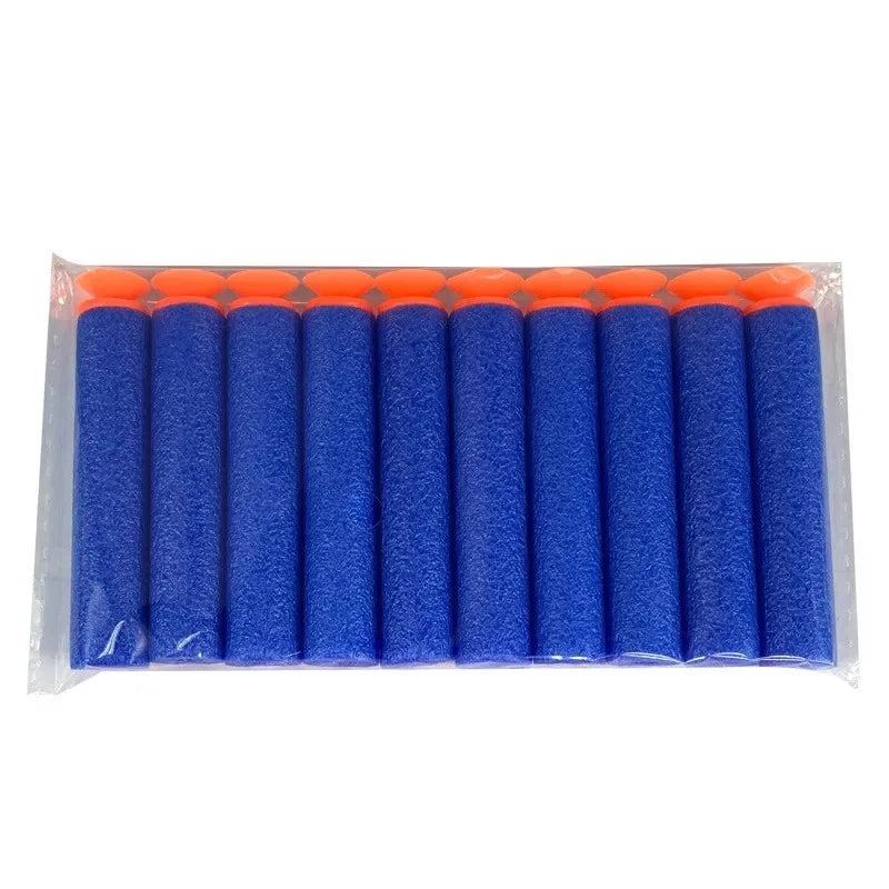 Pack of blue soft foam darts with orange tips in clear packaging on white background