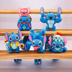 Set of Stitch Christmas keychains with different poses displayed on wooden shelves