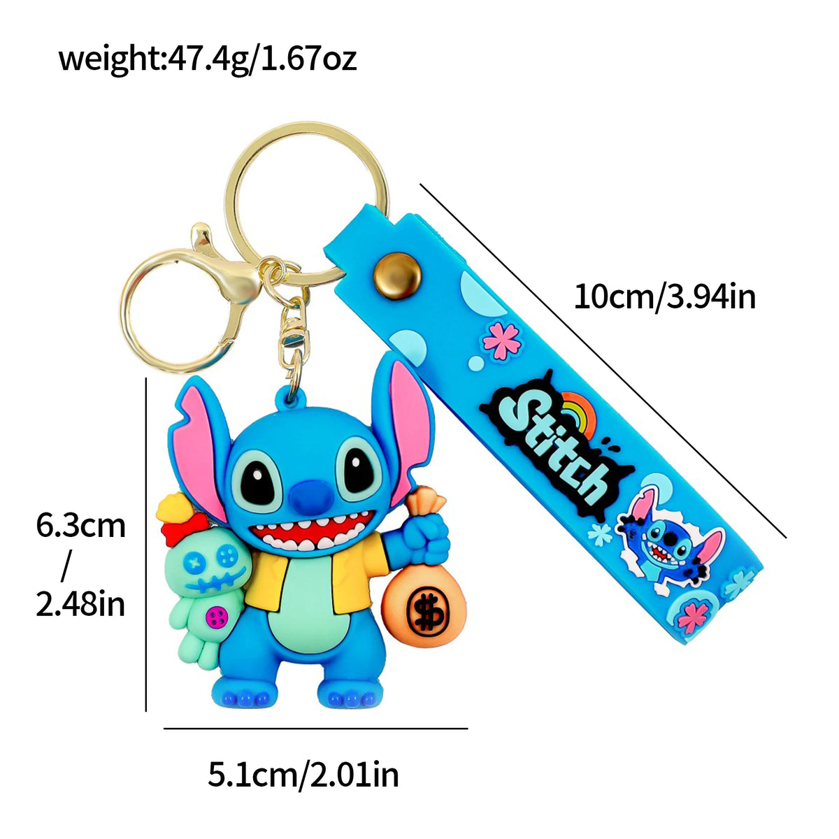 Stitch PVC keychain with size and weight measurements shown on a white background