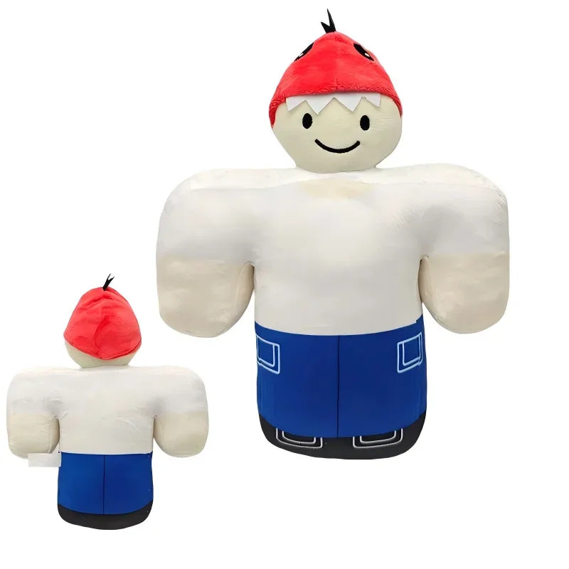 Toylvia Strongman Hero Plush – front and back view of soft stuffed doll with red hat, white shirt, and blue pants on white background