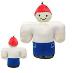 Toylvia Strongman Hero Plush – front and back view of soft stuffed doll with red hat, white shirt, and blue pants on white background