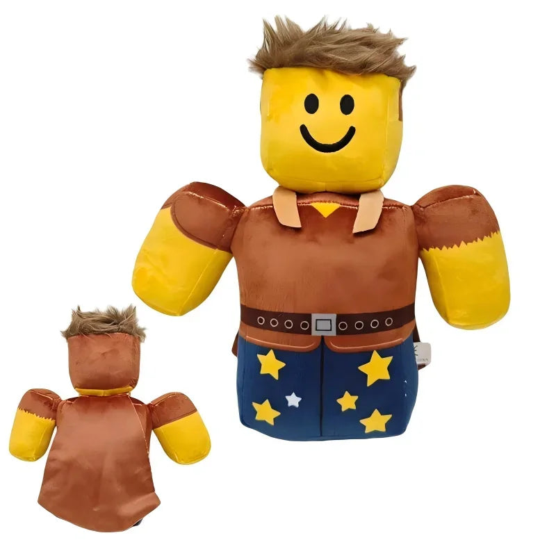 Toylvia Strongman Hero Plush – front and back view of muscled stuffed character with brown shirt, star pants, and smiling yellow face on white background