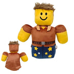 Toylvia Strongman Hero Plush – front and back view of muscled stuffed character with brown shirt, star pants, and smiling yellow face on white background