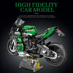 high fidelity technical motorcycle building blocks model with detailed frame and rear wheel on display stand