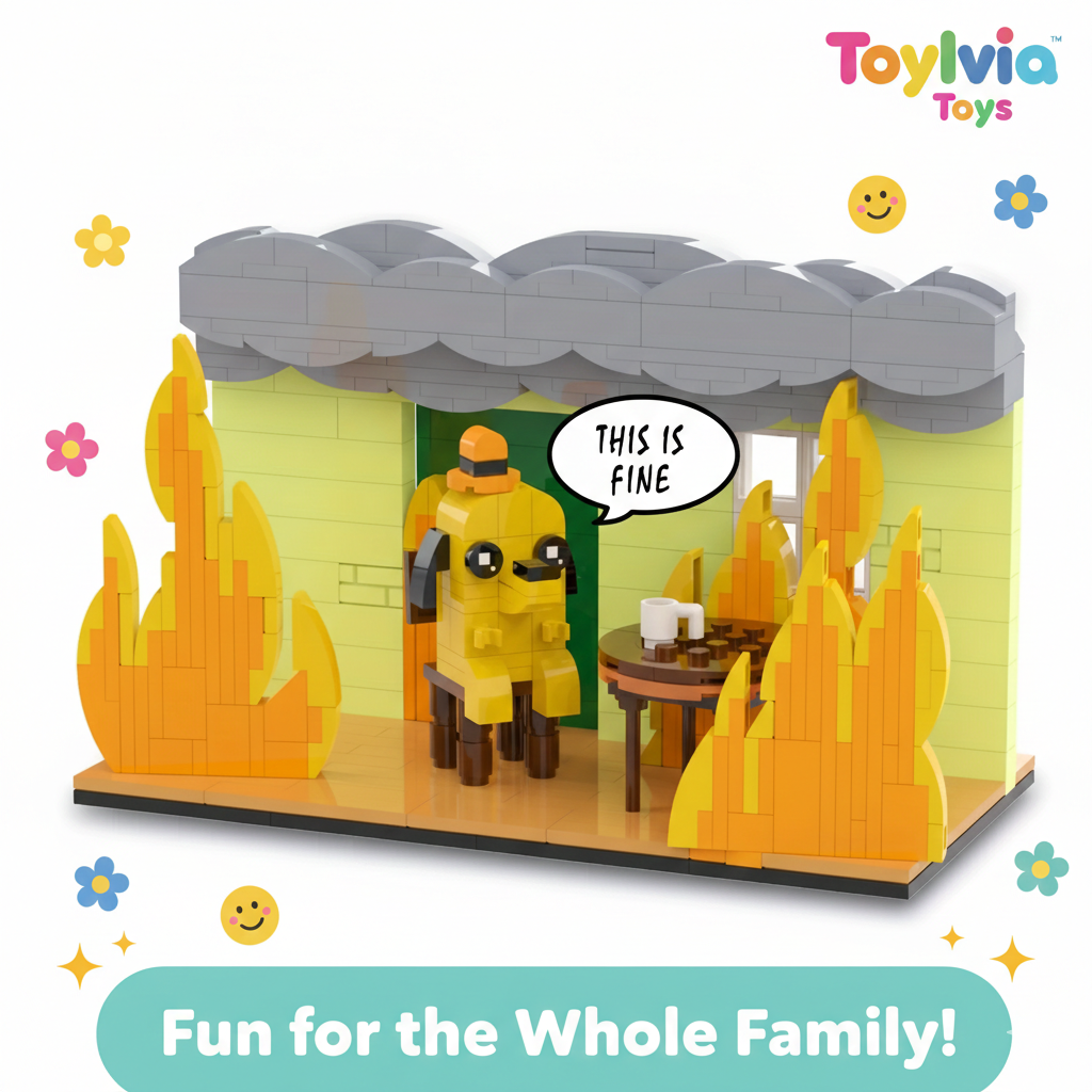 Toy set with a character in a raincoat surrounded by flames, featuring 'Toylivia Toys' branding.
