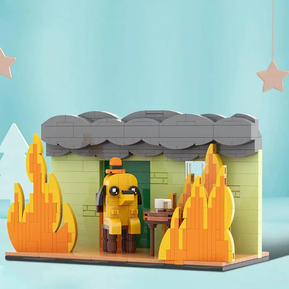403PCS ‘This Is Fine’ dog building block set displayed on a pastel background with flames, smoke roof, and meme-style dog figure, collectible desktop scene by Toylvia.