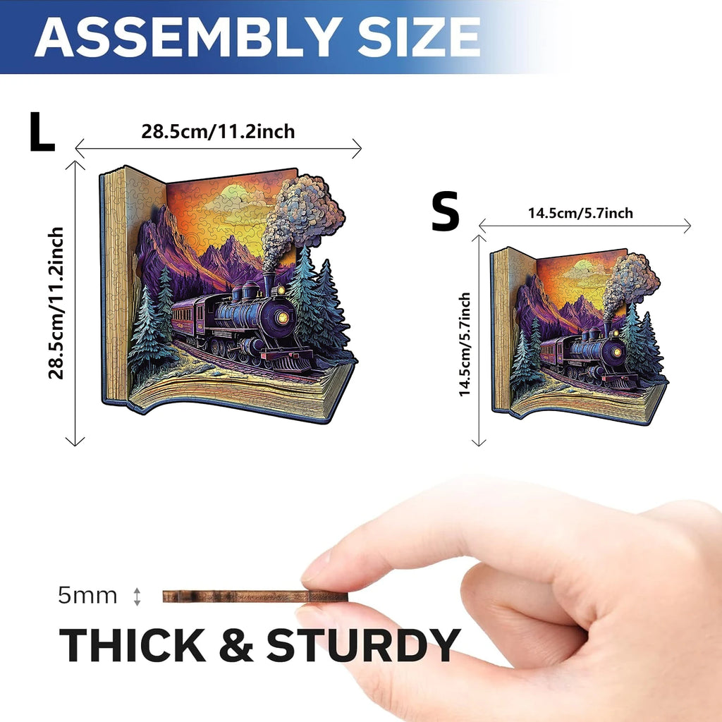 Assembly size chart showing large and small Train in the Book 3D wooden puzzle dimensions and a 5mm thick sturdy wooden piece