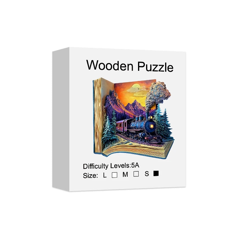 Angled view of the Toylvia Train in the Book 3D wooden puzzle box showing the artwork, difficulty level, and size options